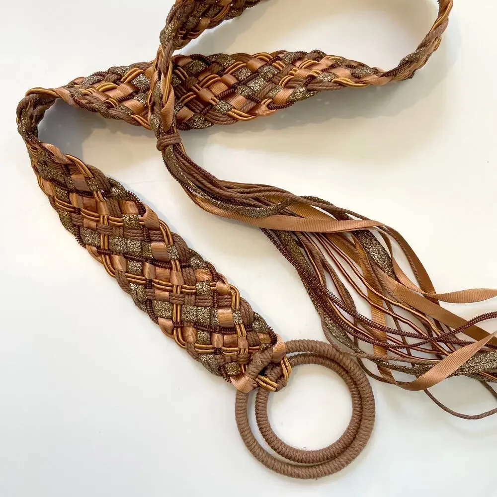 Vintage Boho Tassel Braided Belt 80s Woven Double Ring Fringe Earthy Festival